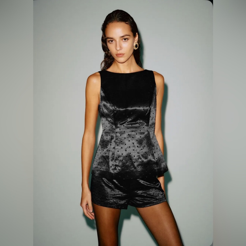 NEW Reformation Black Nolyn Satin Polka Dot Top and June Low Rise Shorts Set